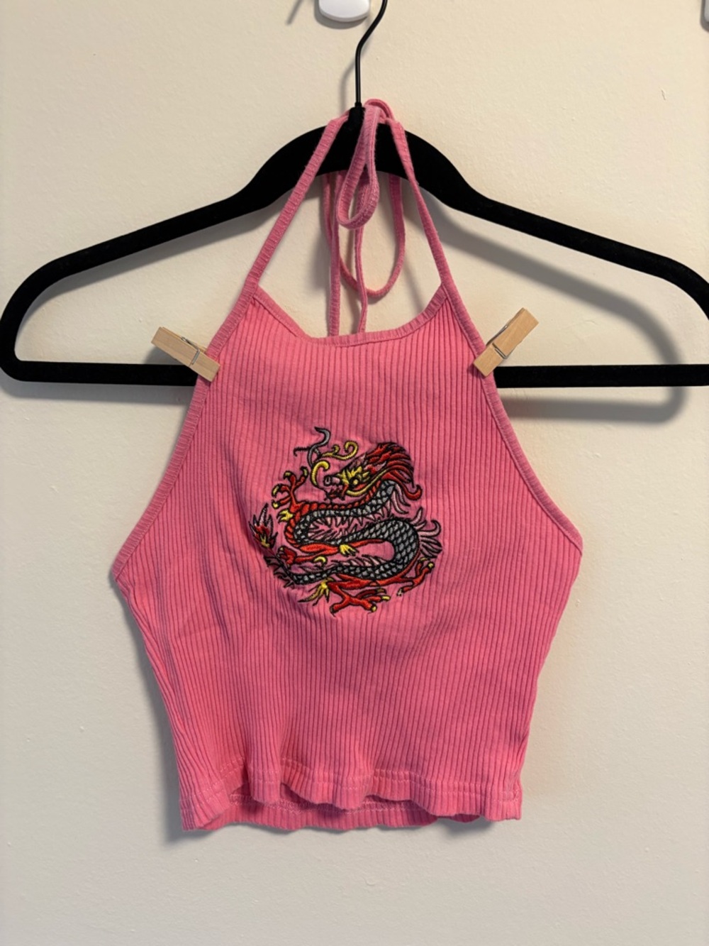 Pink Ribbed Halter Tank with Dragon Embroidery